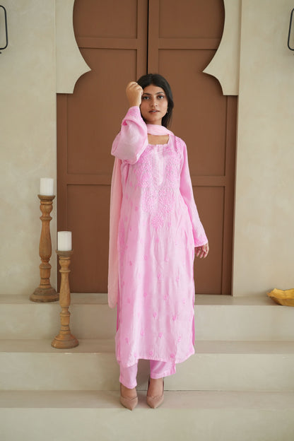 Hayat Chikankari Muslin Silk 3 Piece Set