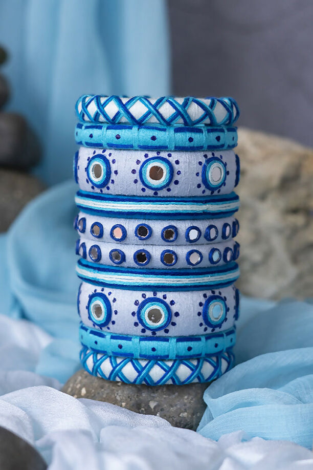 Yamuna White & Blue Mirror Work Bangle Set