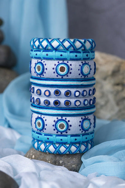 Yamuna White & Blue Mirror Work Bangle Set