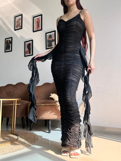 Black Strappy Side Ruffle Dress