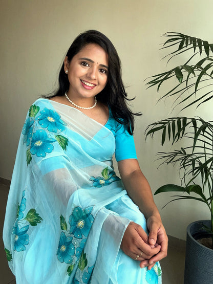 Gudhal ka Phool - Hand Painted Pre Pleated Chiffon Saree