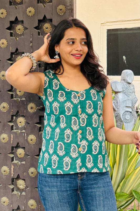 Emerald Paisley Button Down Top