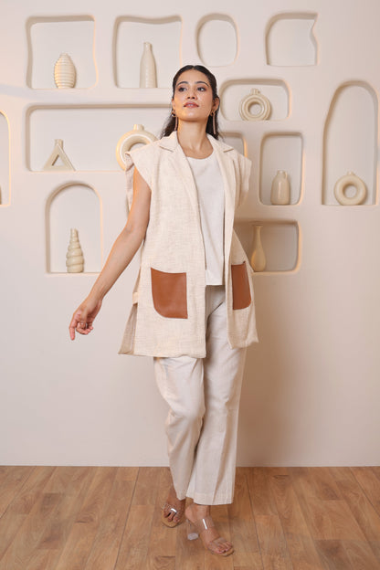 Beige Leather Pocket Jacket Co-ord Set