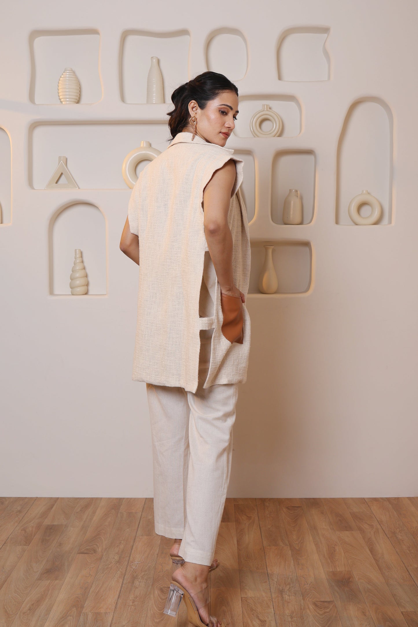 Beige Leather Pocket Jacket Co-ord Set