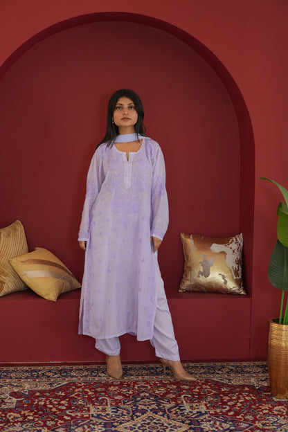 Hayat Chikankari Muslin Silk 3 Piece Set