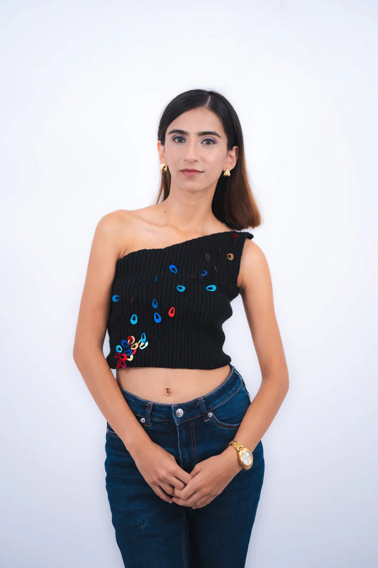 Scarlett Black One-Shoulder Crochet Top