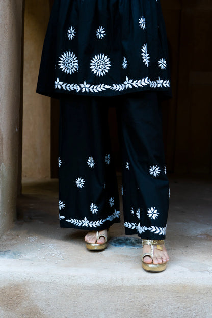 Zoya Black Flared Chikankari Kurta with Palazzo Set