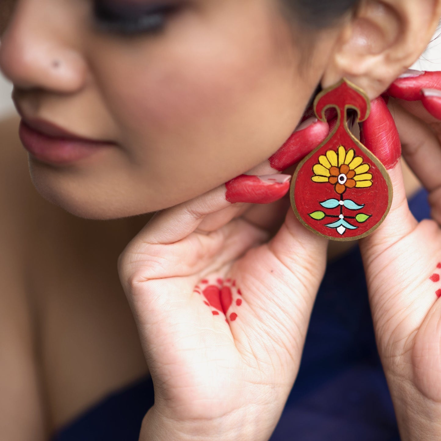 Red Block Handpainted Earring