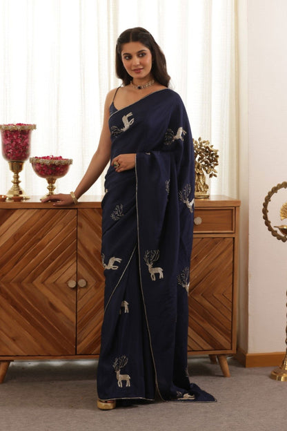 Deer Blue Hand Embroidered Upada Silk Saree
