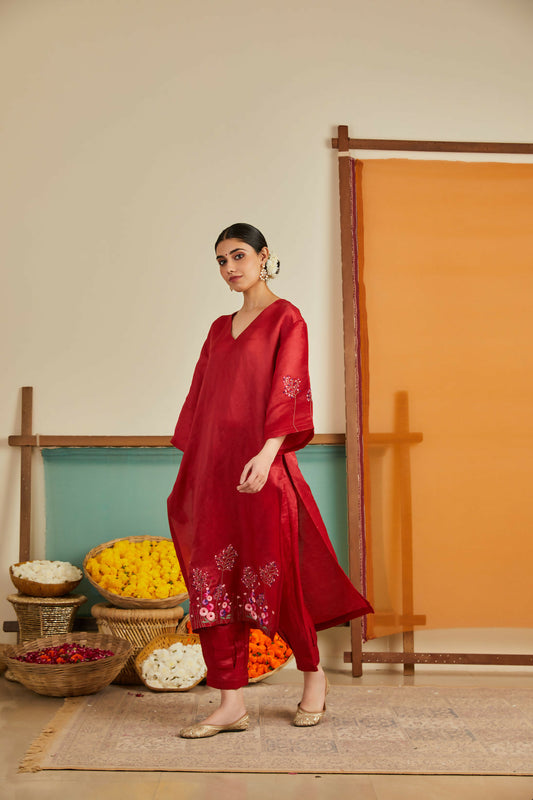 Rukhsaari Red Chanderi Kurta Set