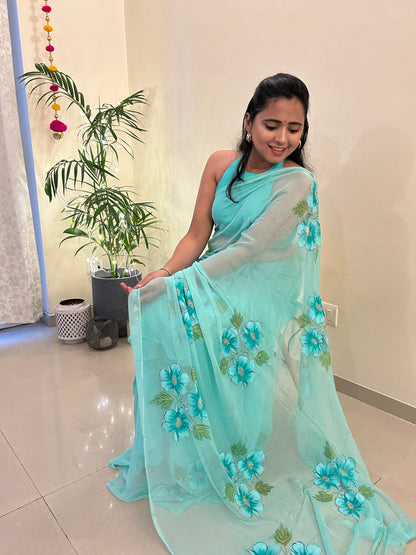 Gudhal ka Phool - Hand Painted Pre Pleated Chiffon Saree