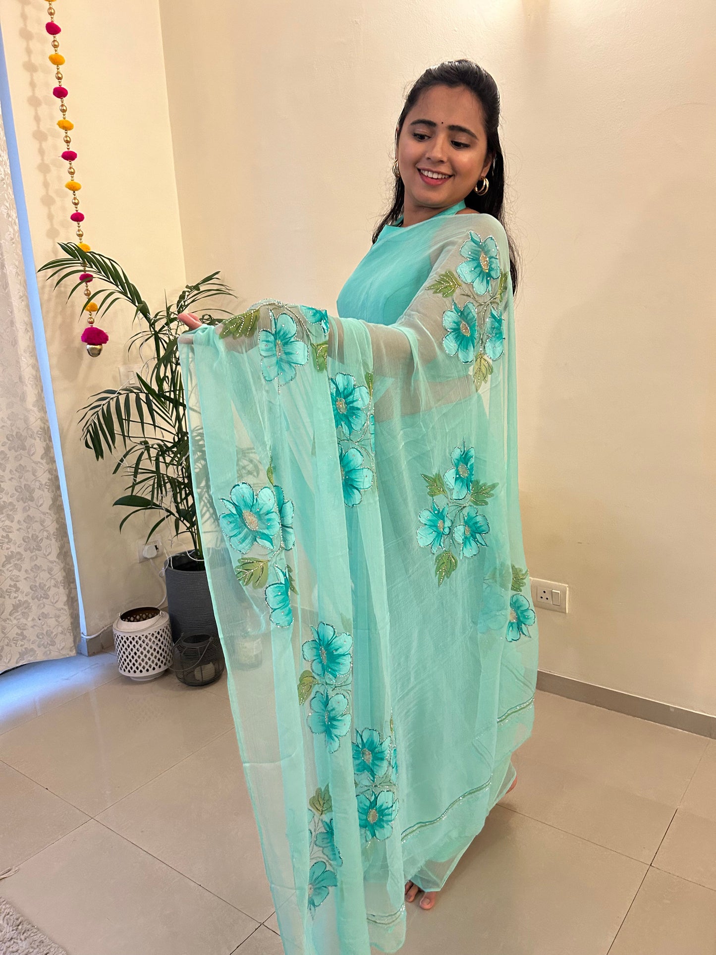 Gudhal ka Phool - Hand Painted Pre Pleated Chiffon Saree