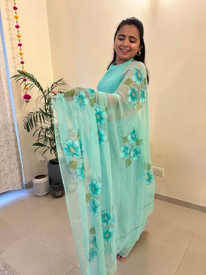 Gudhal ka Phool - Hand Painted Pre Pleated Chiffon Saree