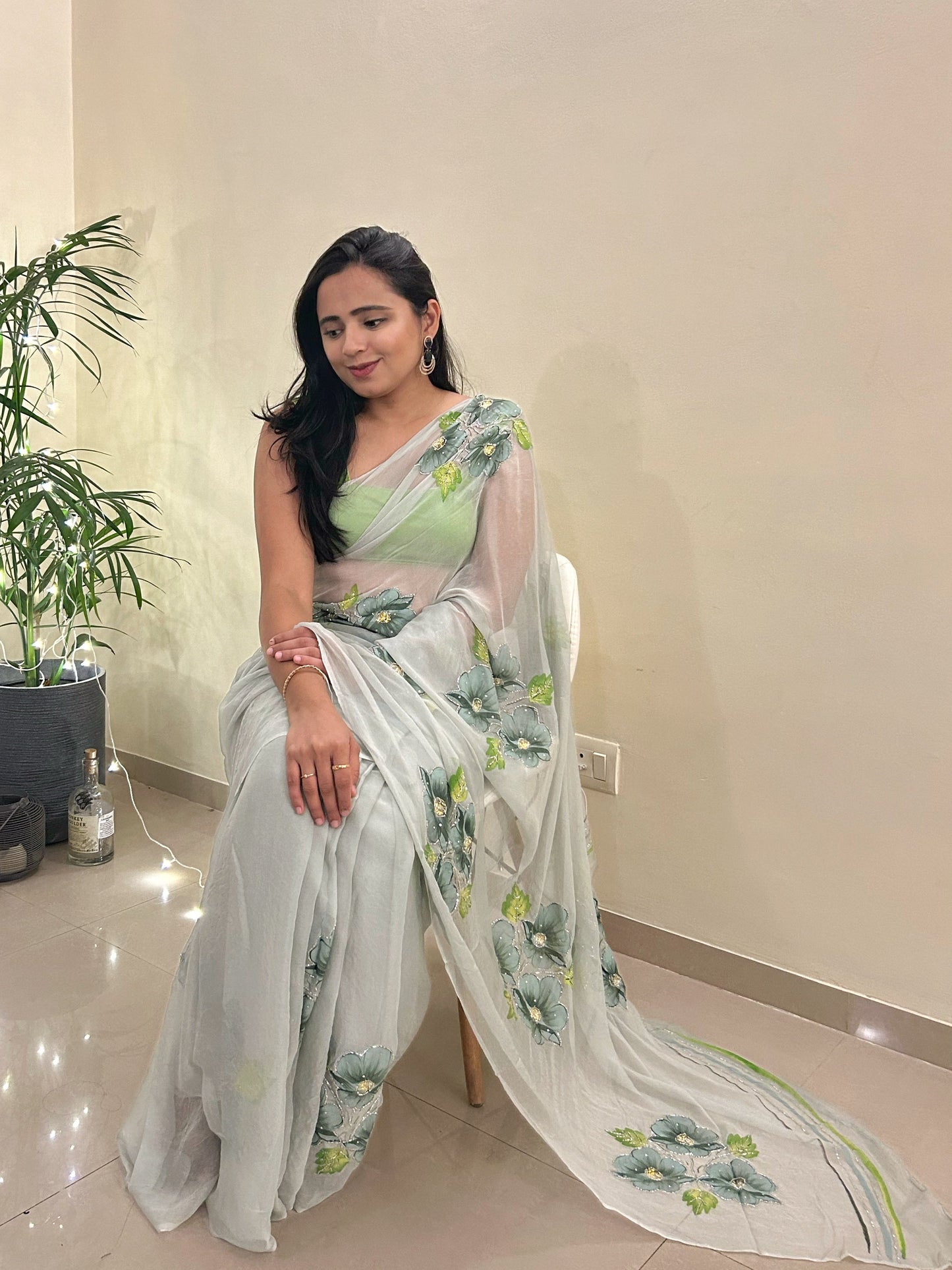 Gudhal ka Phool - Hand Painted Pre Pleated Chiffon Saree