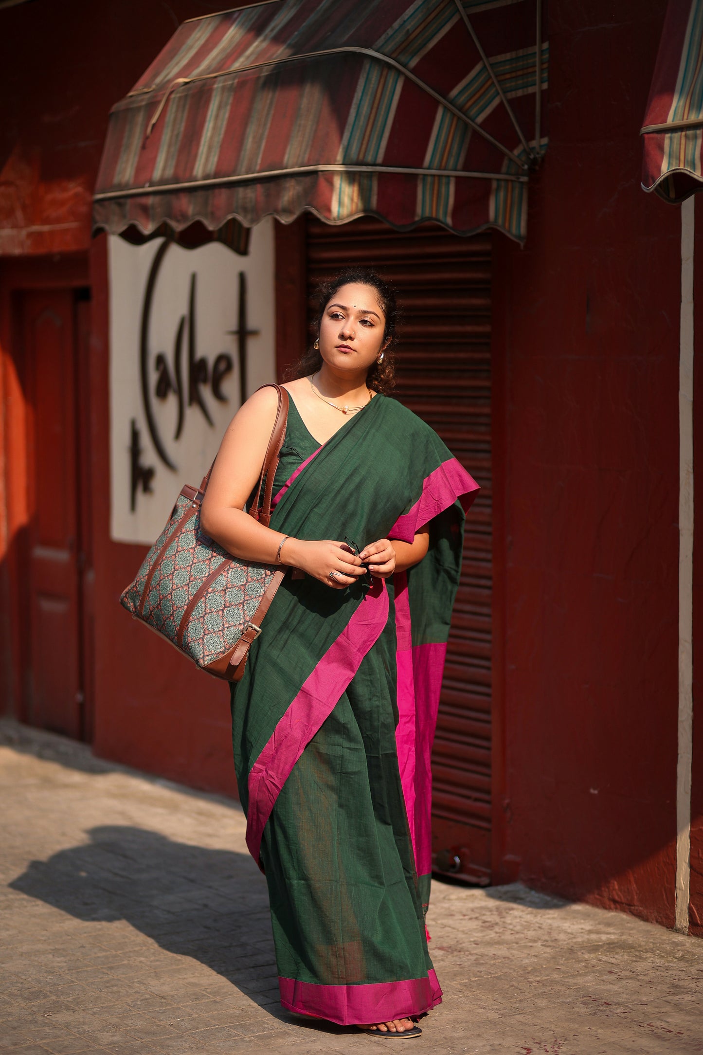 Emerald & Pink Handwoven Mulmul Cotton Saree