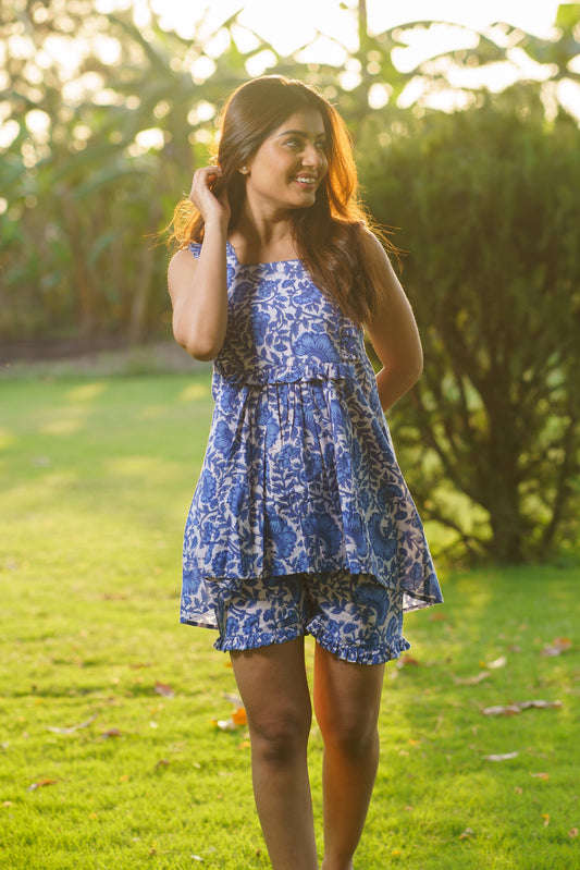 Elsa Blue Cotton Block Print Ruffle Co-ord Set