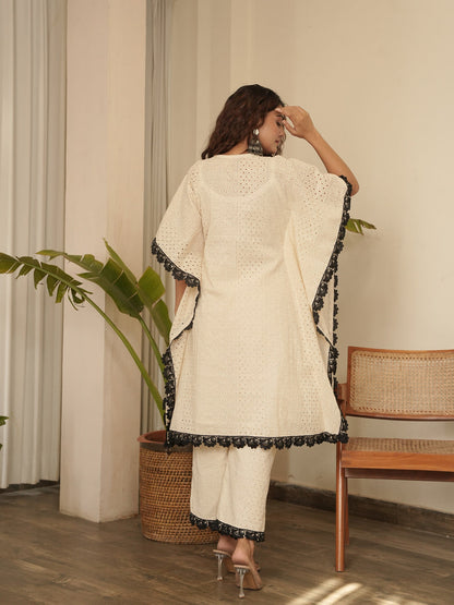 Safeda Lace Work Cotton Kaftan Set