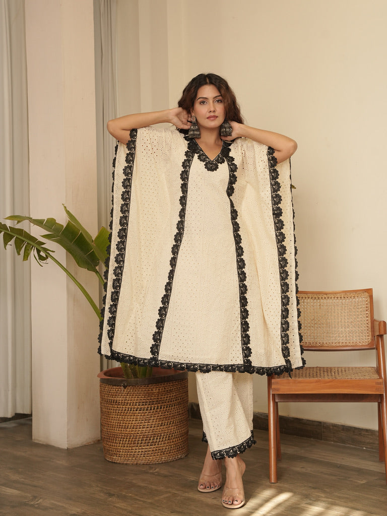 Safeda Lace Work Cotton Kaftan Set