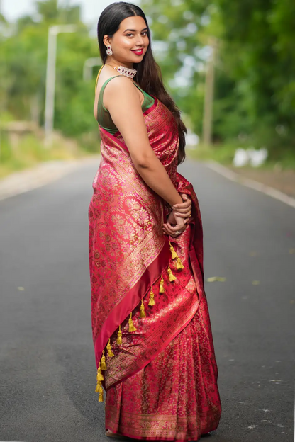Jamawar Banarasi Silk Saree With Tassels