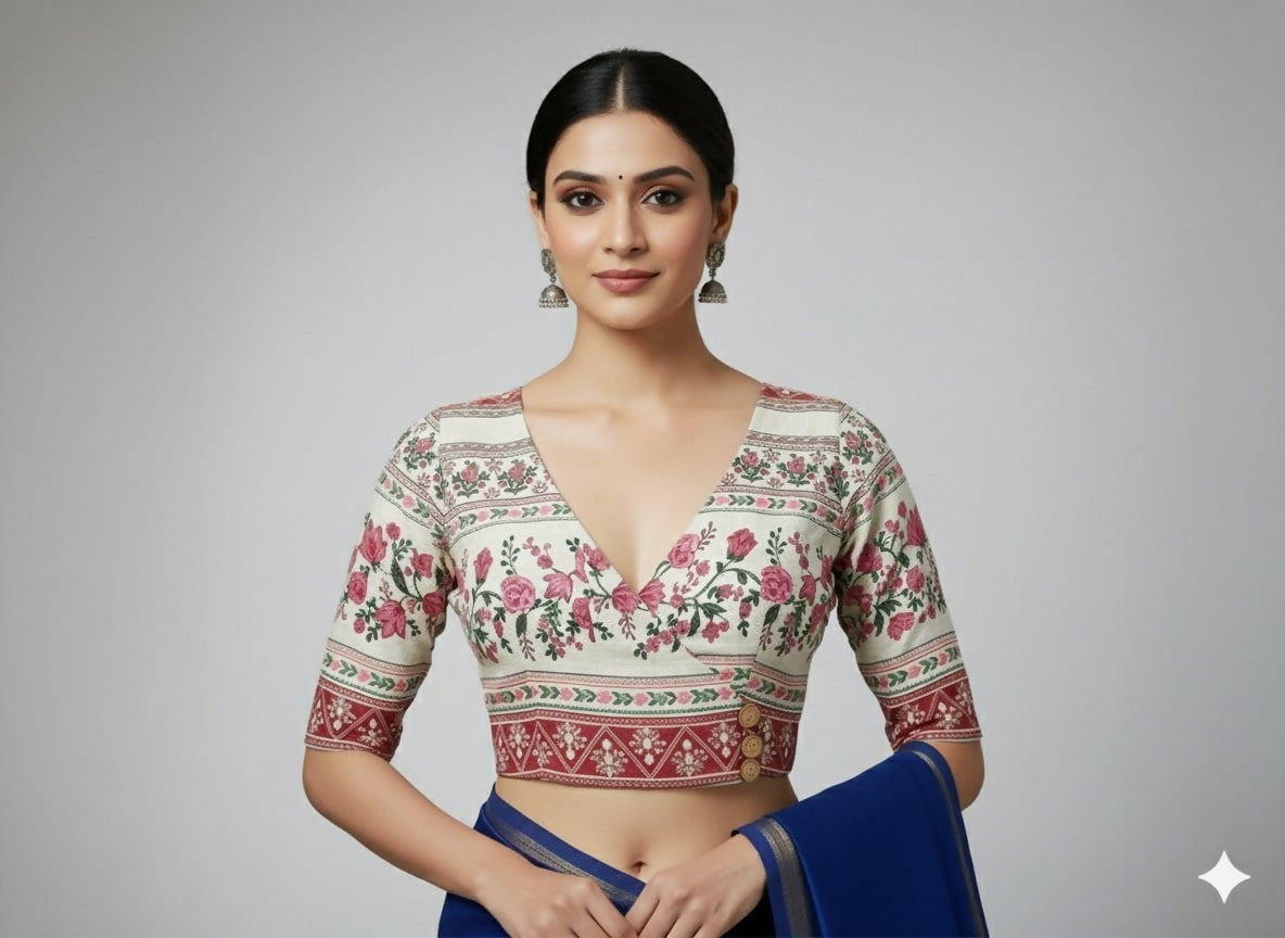 Mridula Floral Cotton Angrakha Style Blouse with Side Buttons