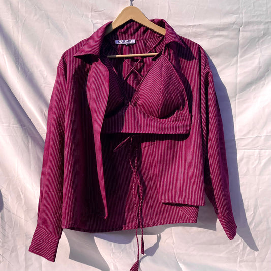 Wine Katha Shirt with Bralette Combo