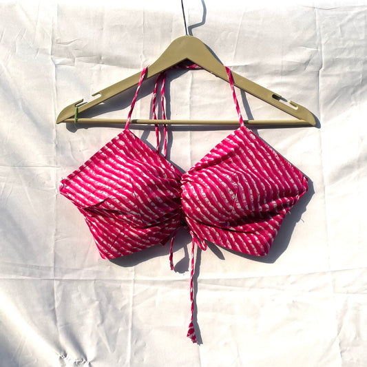 Pink Lehariya Criss Cross Cotton Bralette