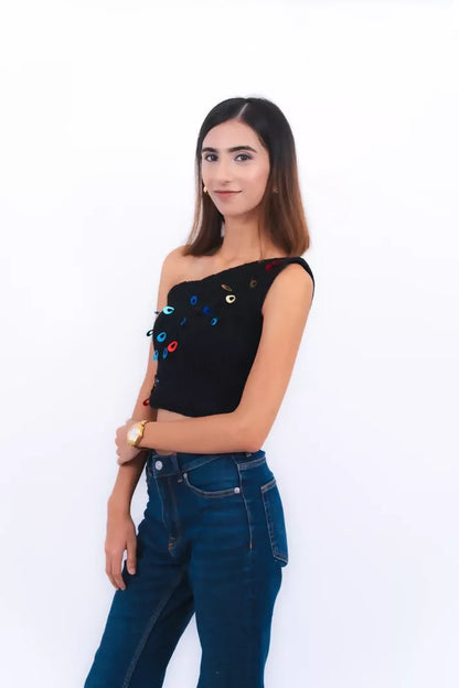 Scarlett Black One-Shoulder Crochet Top