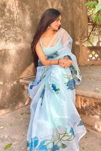topaz teal 'aarzoo' hand-painted saree (3)