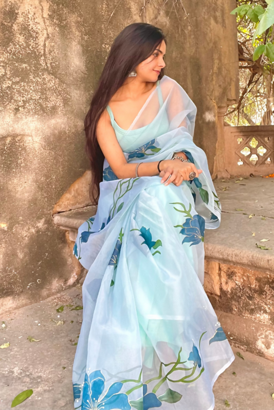 topaz teal 'aarzoo' hand-painted saree (3)