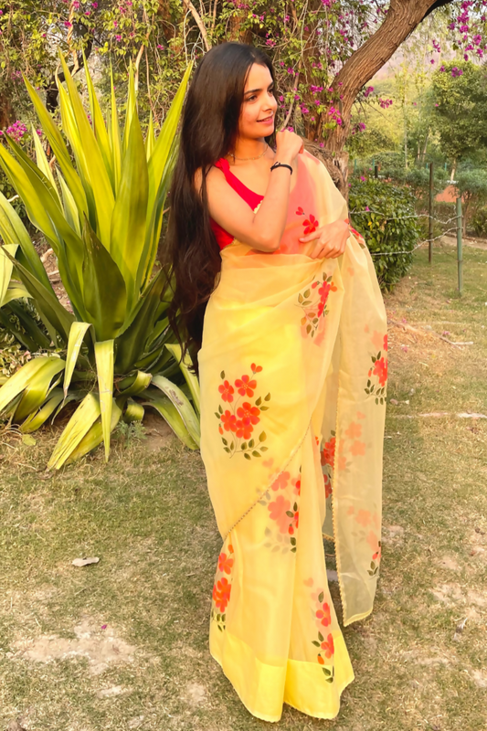 butter yellow 'sunheri' hand-painted saree (3)