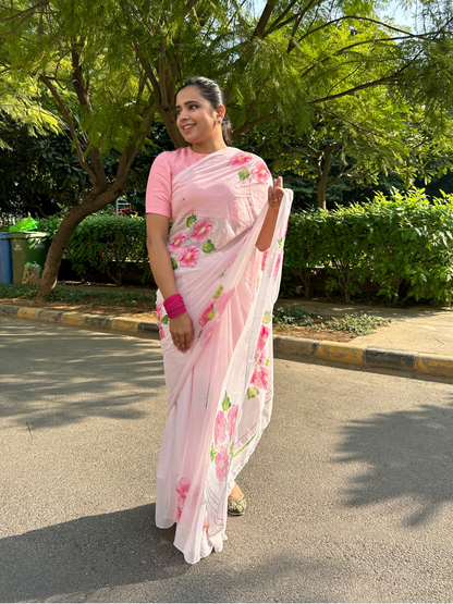Gudhal ka Phool - Hand Painted Pre Pleated Chiffon Saree