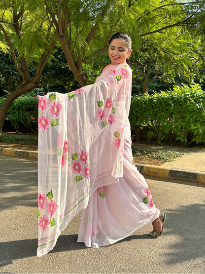 Gudhal ka Phool - Hand Painted Pre Pleated Chiffon Saree