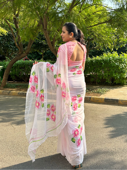 Gudhal ka Phool - Hand Painted Pre Pleated Chiffon Saree