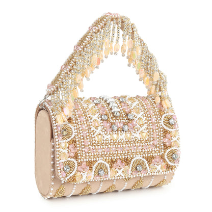 Beige Multi Stone Suede Flap Bag