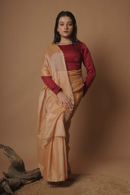 Goldilocks Garden Dark Beige Scallop Border Cotton Silk Saree