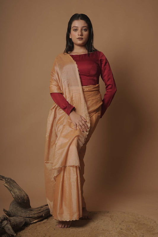 Goldilocks Garden Dark Beige Scallop Border Cotton Silk Saree