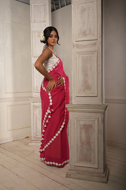 Komal Gulaab | Hot Pink Cotton Saree With Stitched Lace Floral Embroidered Border