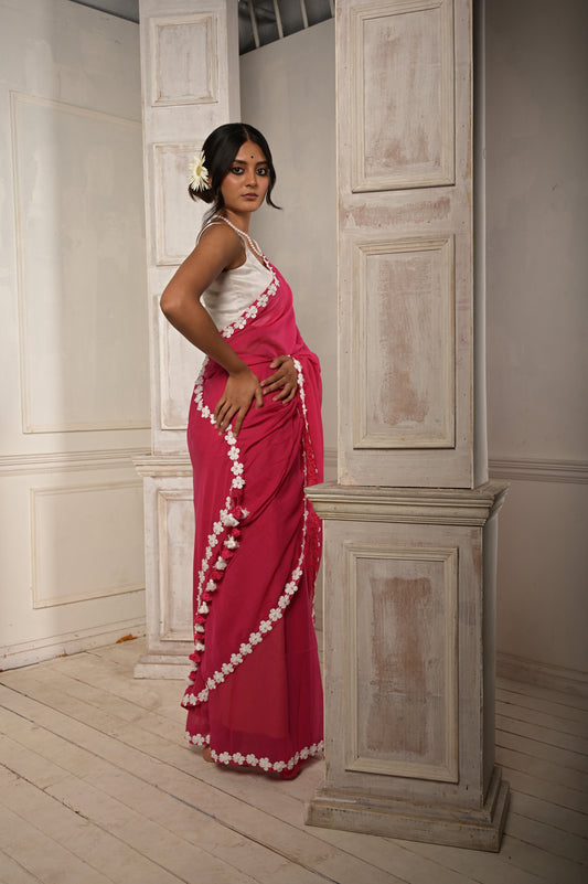 Komal Gulaab | Hot Pink Cotton Saree With Stitched Lace Floral Embroidered Border