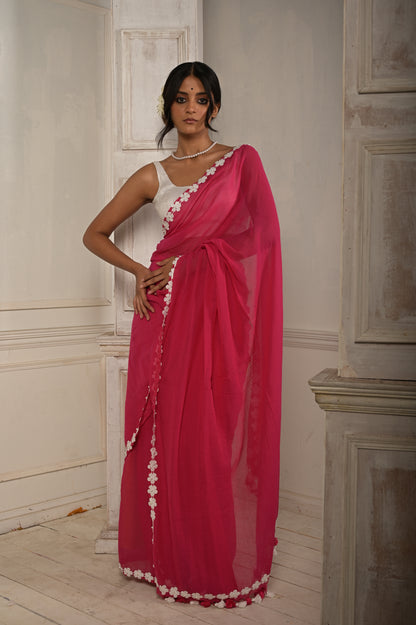 Komal Gulaab | Hot Pink Cotton Saree With Stitched Lace Floral Embroidered Border