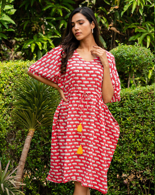 Happy Hippos Hand Block Printed Cotton Kaftan