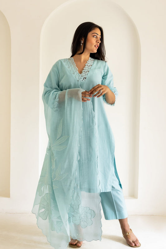 Powder Blue Cotton Scalloped Patchwork Kurta Set