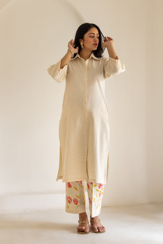Ivory Cream Floral Embroidered Kurta Pants Set