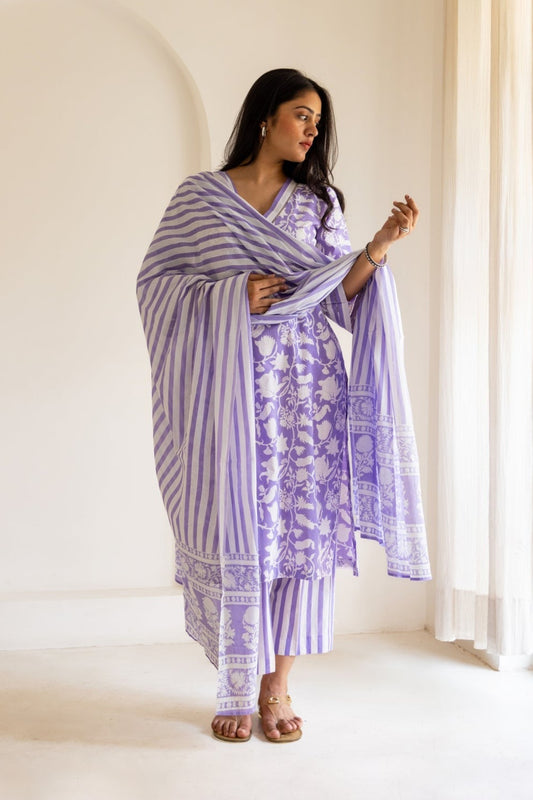 Lilac Block Printed Cotton Kurta Set