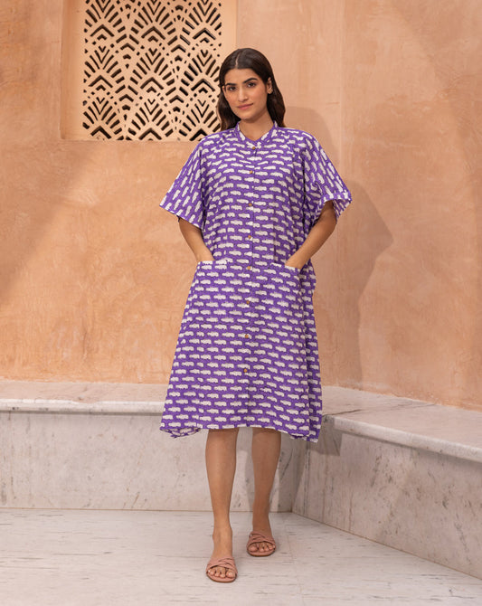Happy Hippos Hand Block Printed Cotton Midi Kaftan Shirt