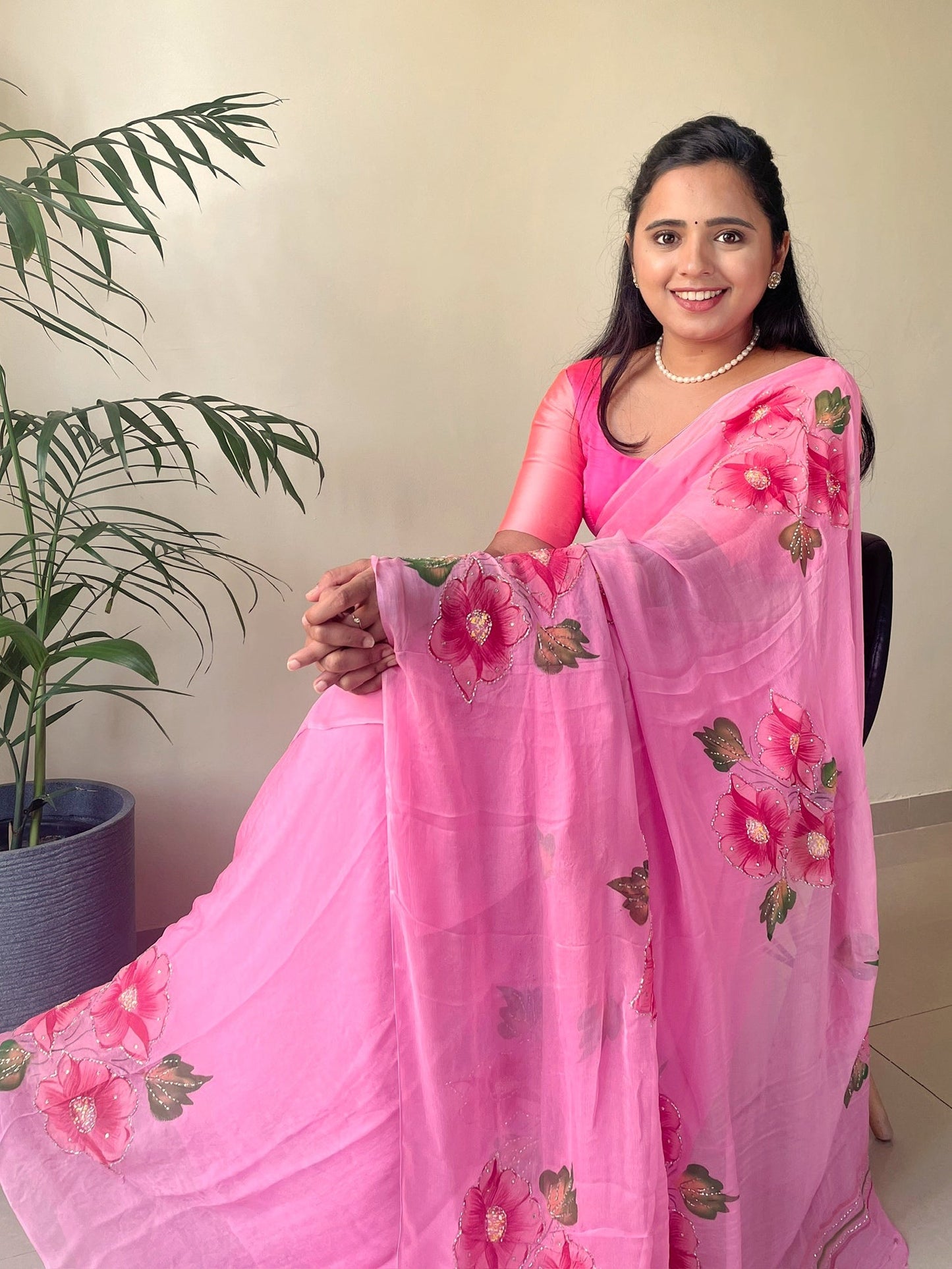 Gudhal ka Phool - Hand Painted Pre Pleated Chiffon Saree