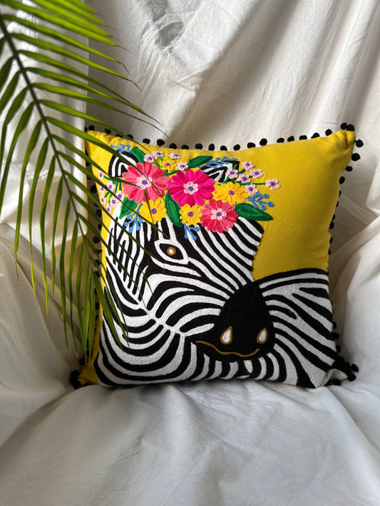 Embroidered Zebra Yellow Cushion Cover