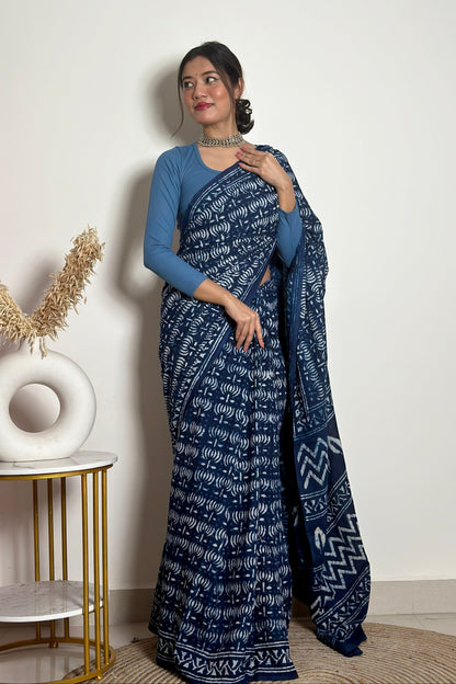 Indigo Lotus Handblock Dabu in Natural Dyes Cotton Mulmul Saree