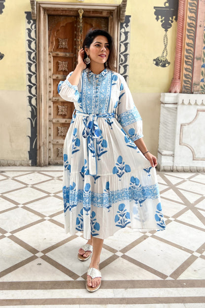 White Mughal Printed Tier Cotton Dress