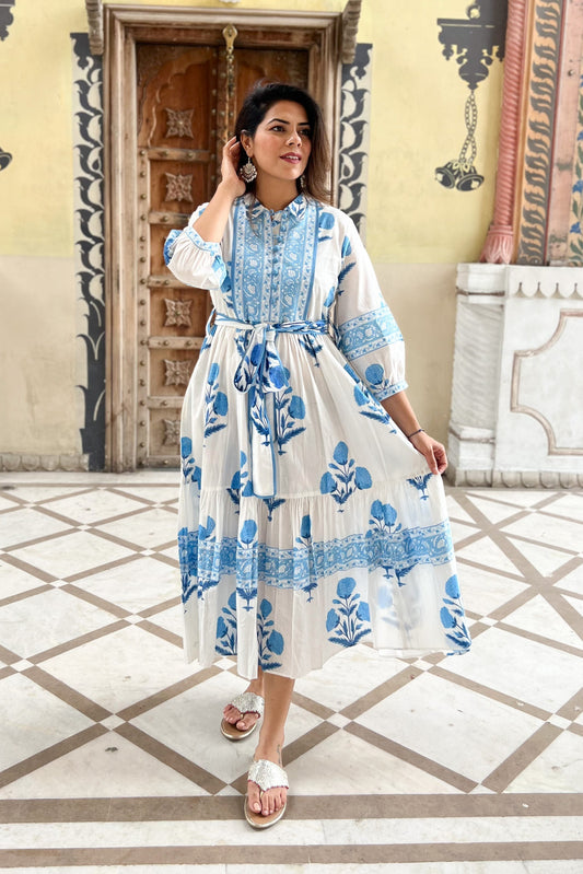White Mughal Printed Tier Cotton Dress