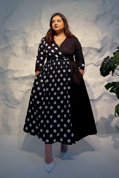 Zinnia Half & Half Polka Dot Wrap Dress with Kantha Embroidery